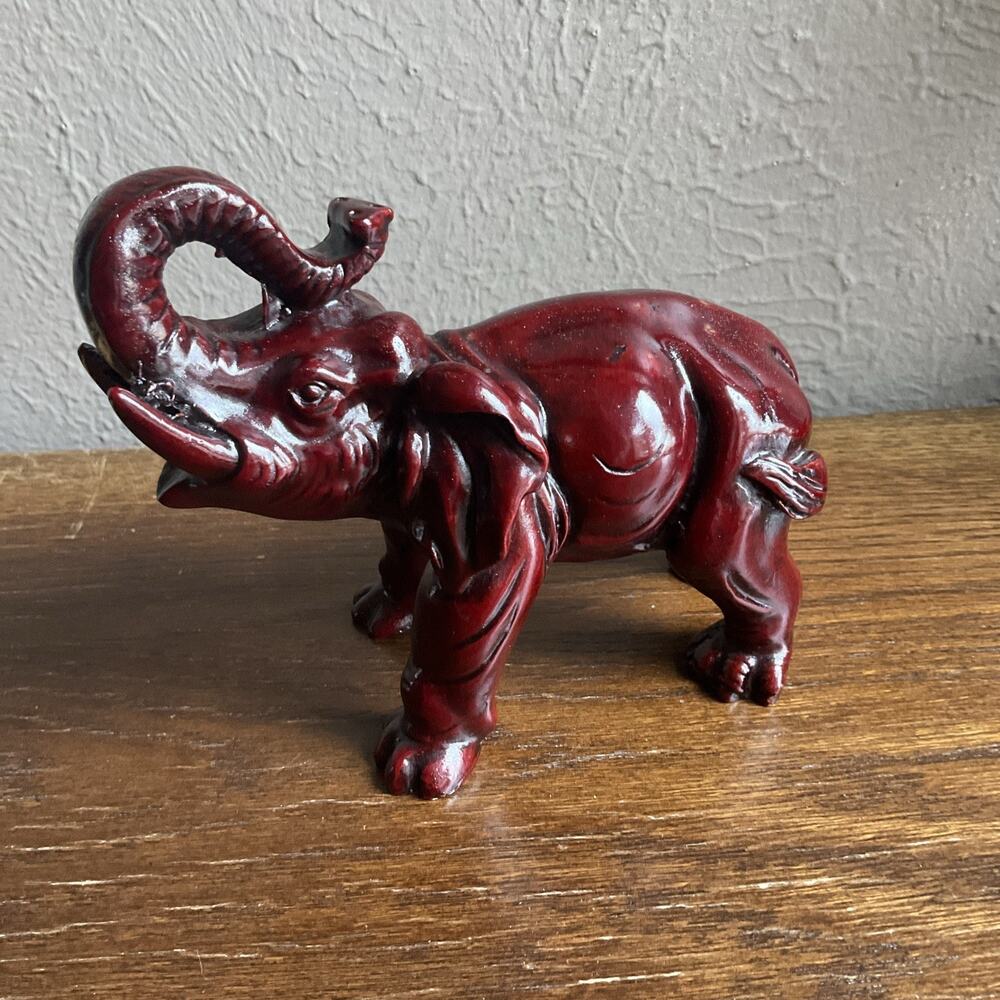 Lucky Elephant Trunk Up Statue Figurine 6" Long Deep Red Resin figure tusk‎